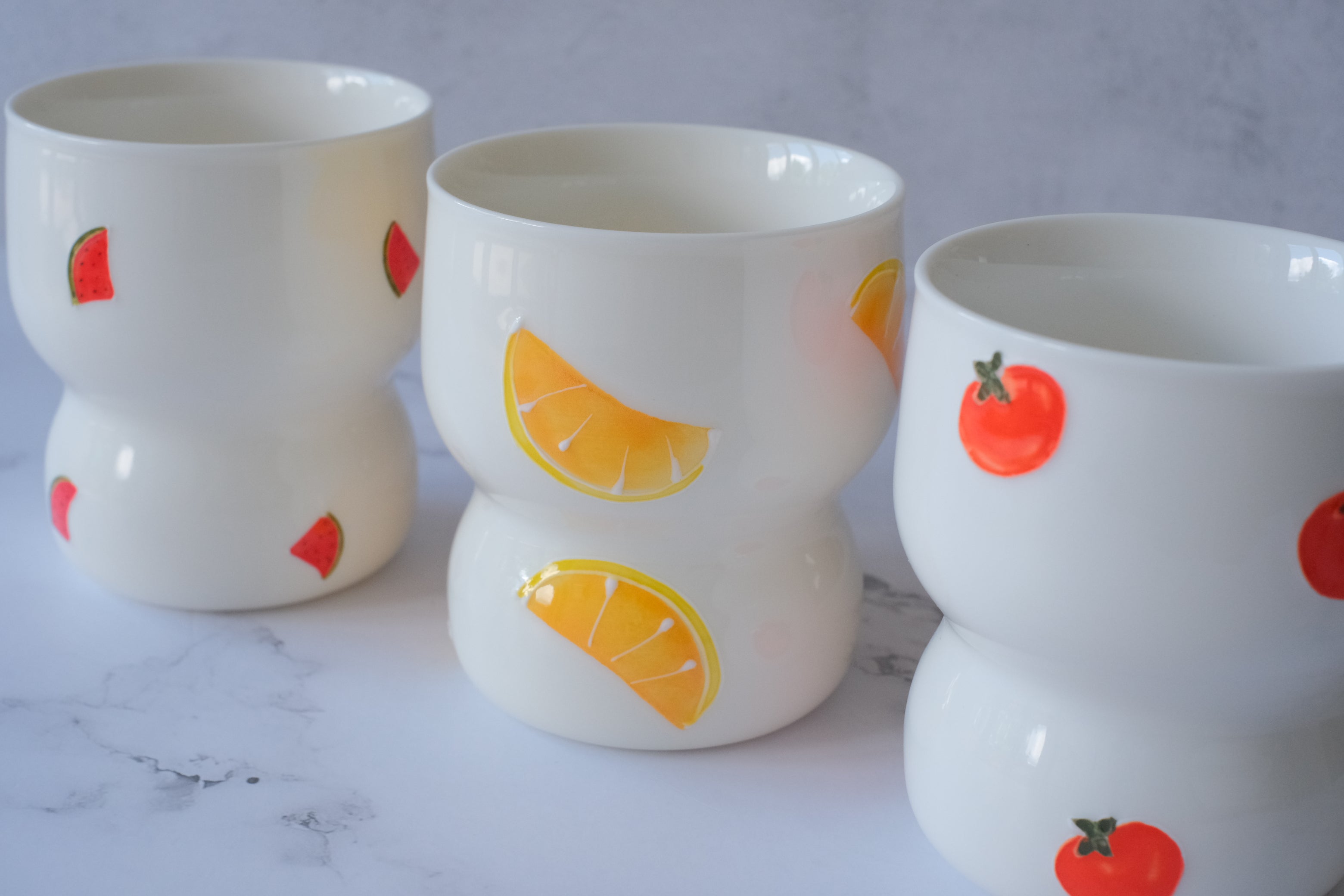 Summer Fruits Cinched Ivory Ceramic Tumbler Cup