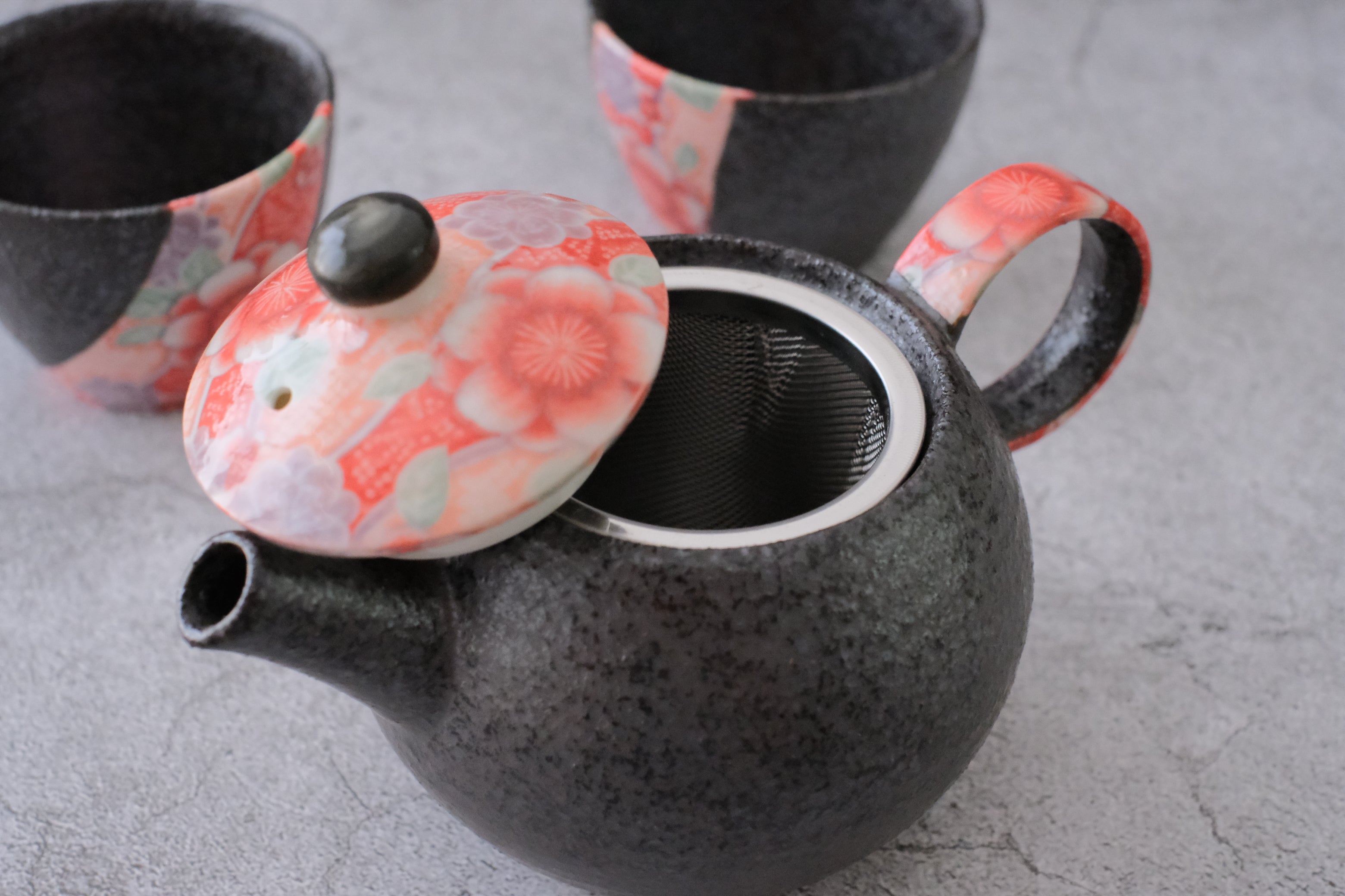 Kyo Yuzen Black Round Tea Pot & Tea Cup Set