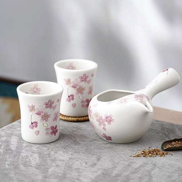 Japanese Design White Cherry Blossom Teapot and Cups Set