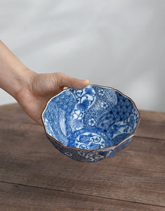 Minoyaki Nejiri Shouzui Sometsuke Indigo Arabesque Plate & Bowl