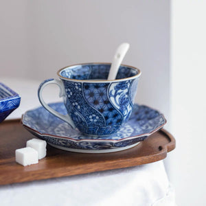 Minoyaki Nejiri Shouzui Indigo Arabesque Coffee Cup & Saucer