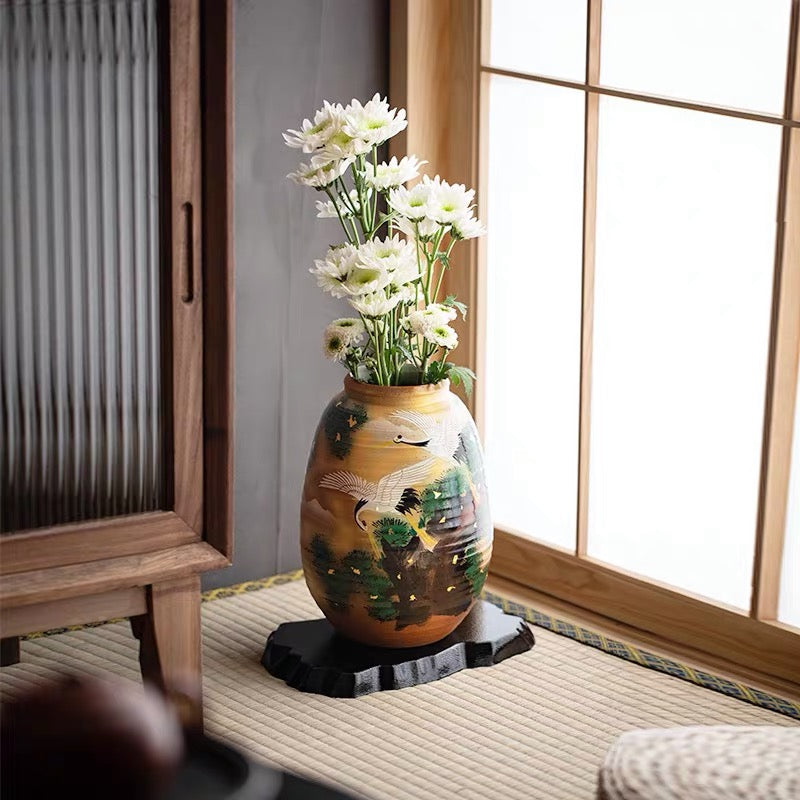 Kutaniyaki Pine & Crane Vase with Stand
