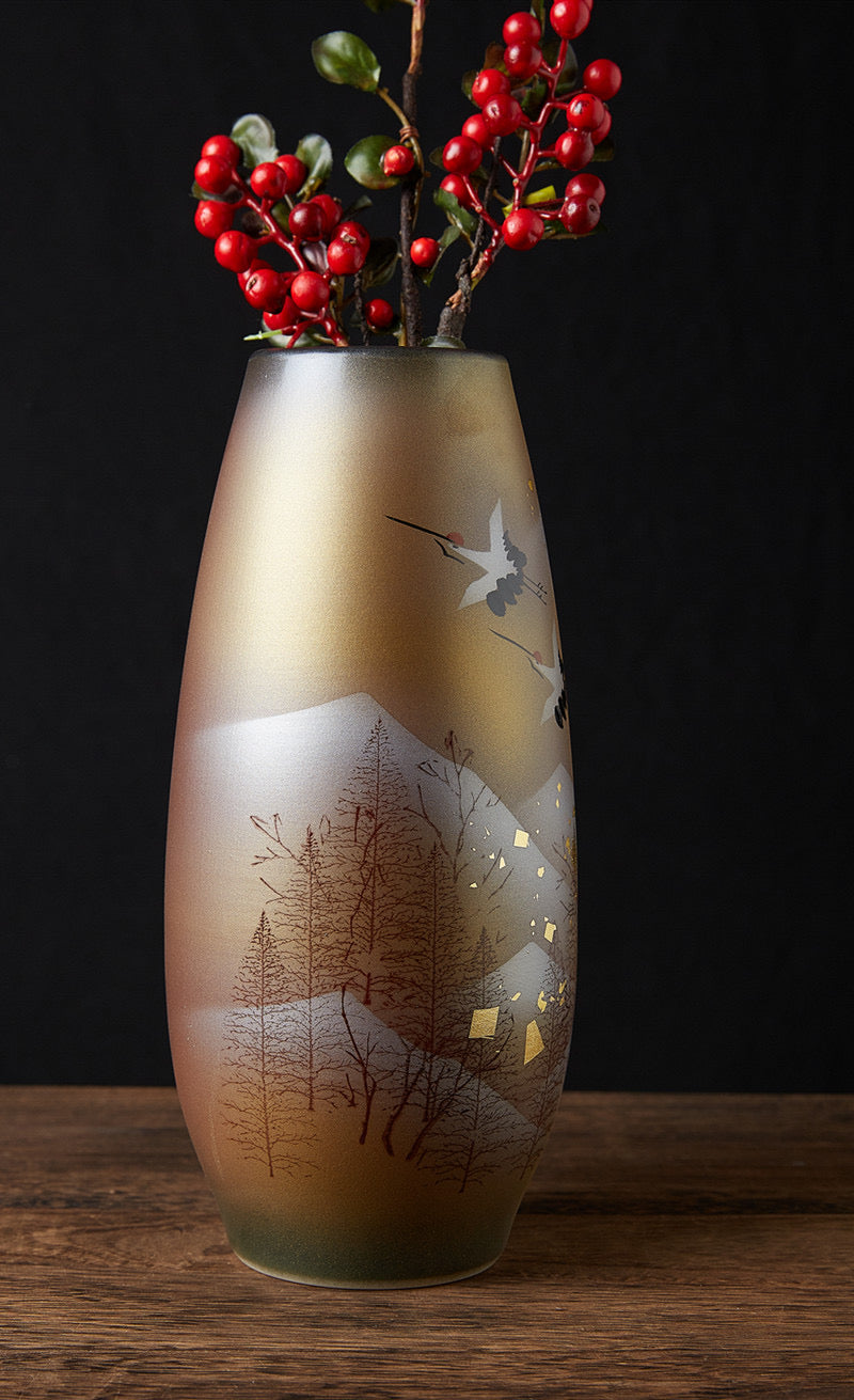 Kutaniyaki Golden Crane Tall Vase