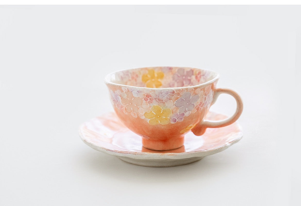 Fuka Studio Setoyaki Aya Spring Florets Pastel Coffee Cup & Saucer
