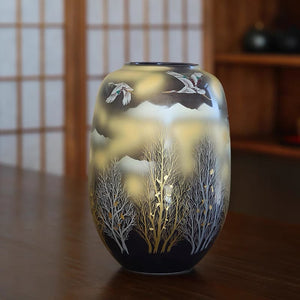 Kutaniyaki Cloud & Crane Long Oval Vase