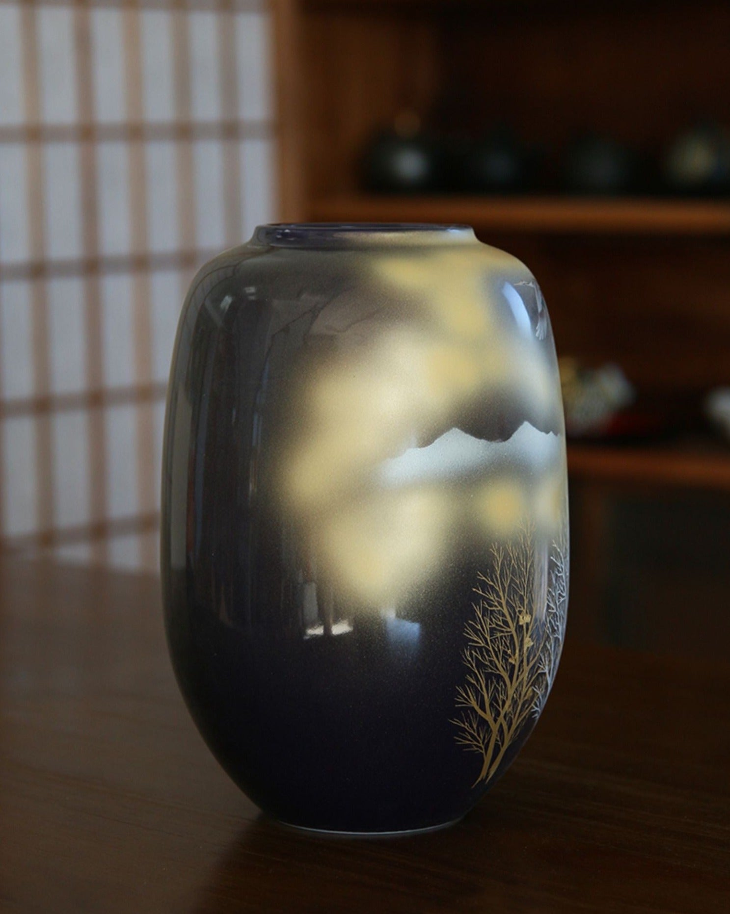 Kutaniyaki Cloud & Crane Long Oval Vase