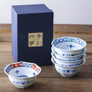 Hasami Ware Somenishiki 5 Piece Octagon Bowl Set - Large