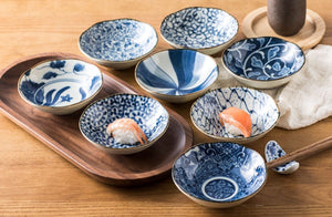8 Piece Minoyaki Sometsuke Egawari Petite Arabesque Dipping Bowls