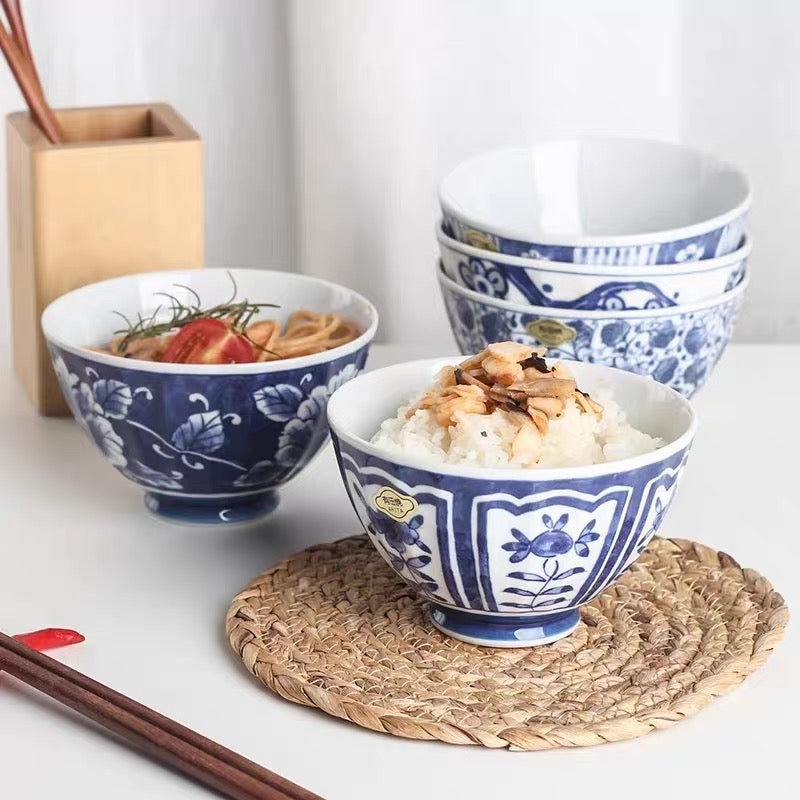 Hasamiware 5 Piece Indigo Dyed Soft Floral Rice Bowls