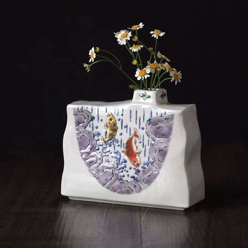 Kutaniyaki Flying Koi Fish Rectangular Vase