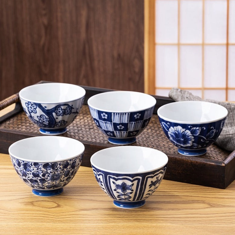 Hasamiware 5 Piece Indigo Dyed Soft Floral Rice Bowls