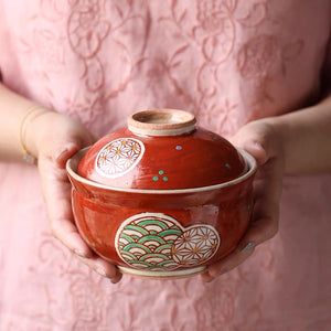 Set of 2 Akai Shozui Futamono Steaming/Simmered Sweets Bowl with Lid