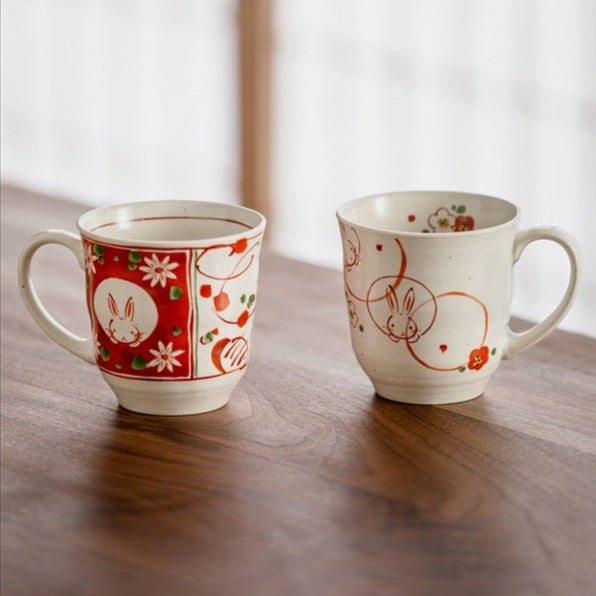 Minoyaki Red & Cream Marumon Floral Pair Bunny Mugs