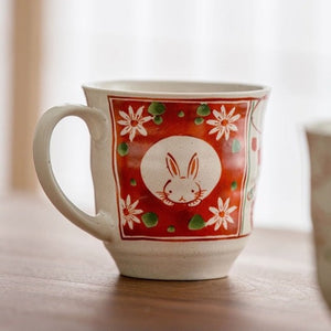 Minoyaki Red & Cream Marumon Floral Pair Bunny Mugs